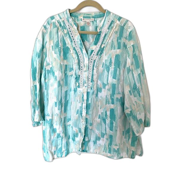 JM Collection Linen Blend Button Up 3/4 Sleeve Shirt Lace Trim Feminine Style 20 - Picture 1 of 10